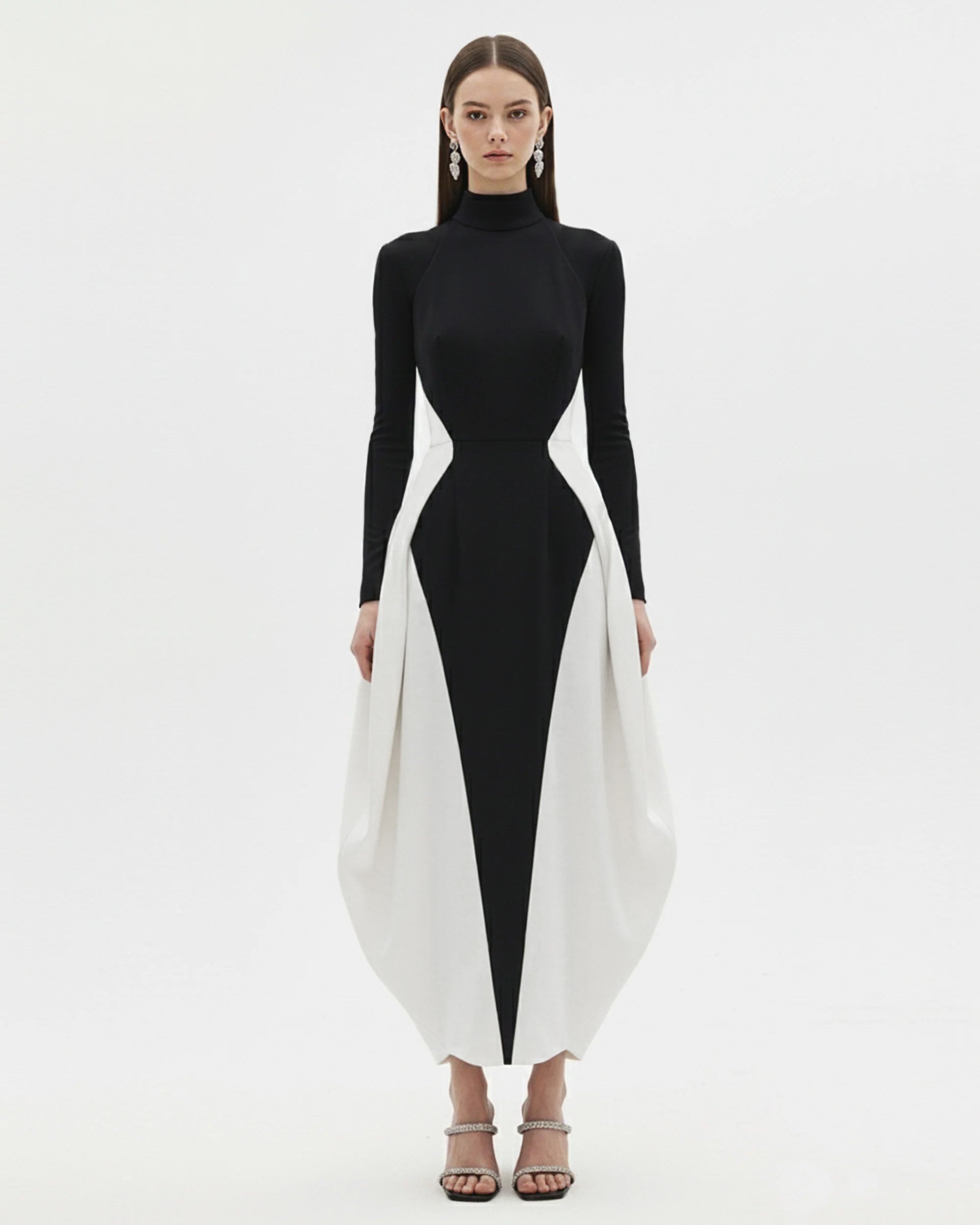 Monochrome Paneled Long-Sleeve Maxi Dress - Black 14