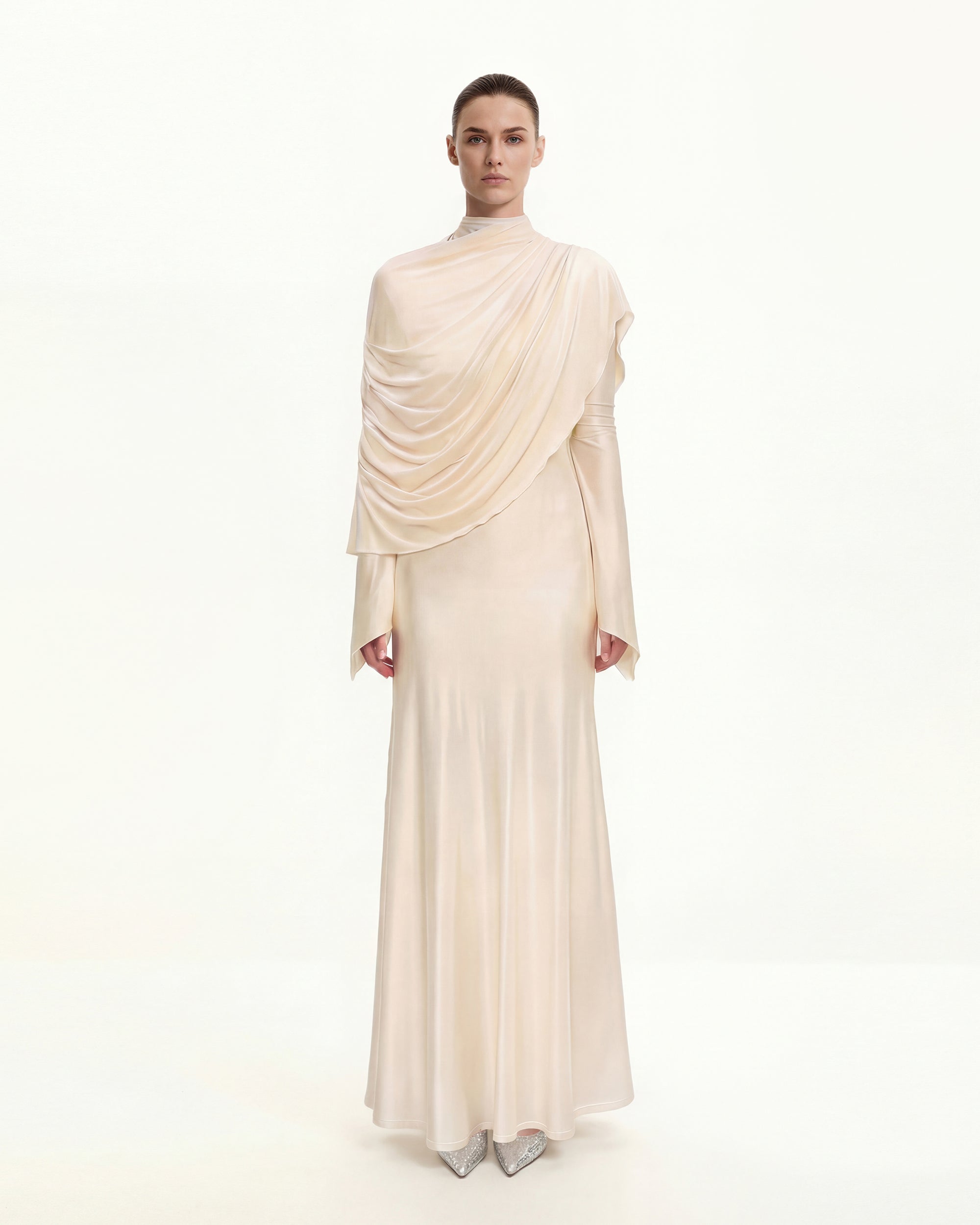 Sheer Shawl Ruched Bodycon Maxi Gown - Cream 8