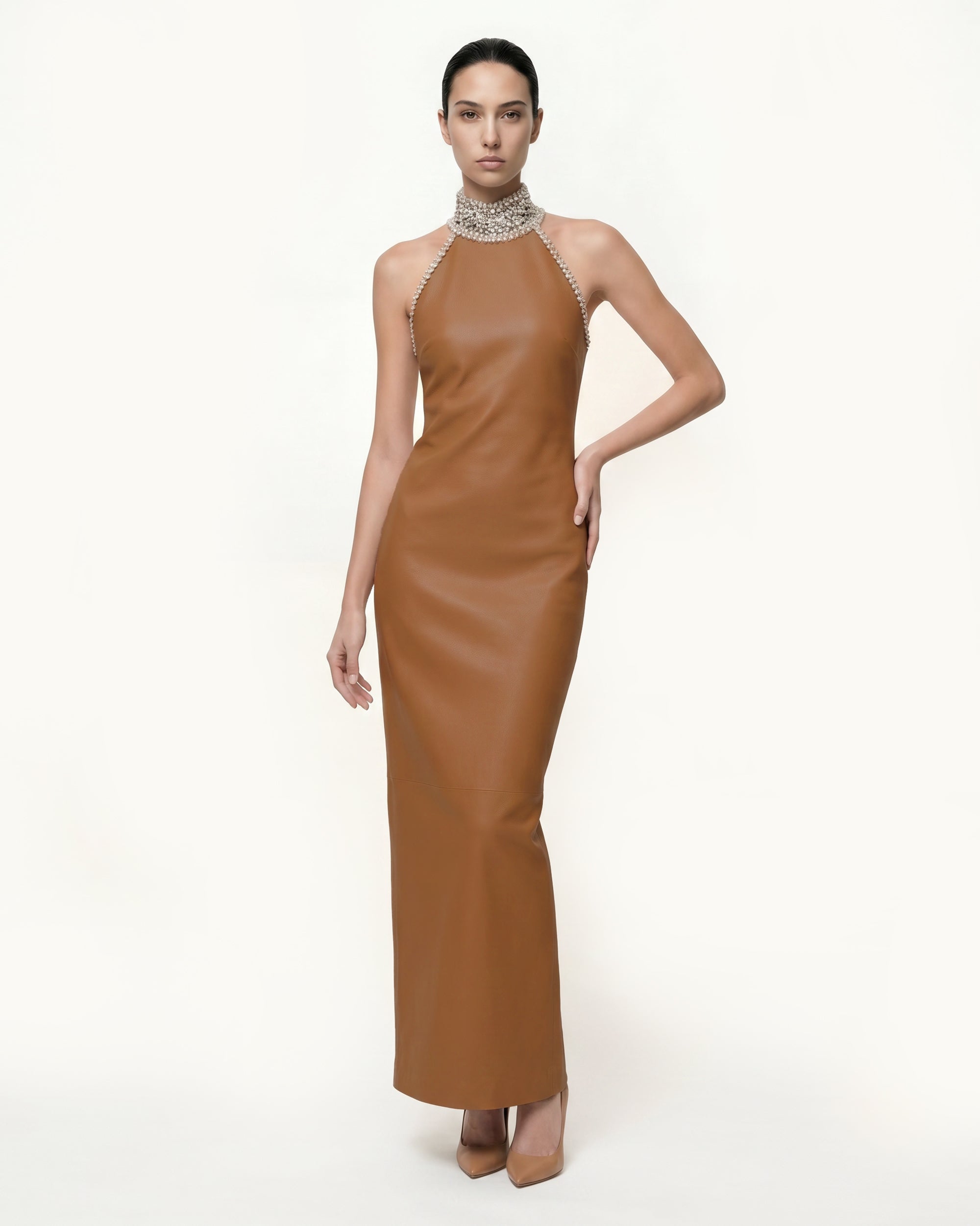 Jeweled High Neck Halter Maxi Dress - Caramel Brown – JW PEI UK