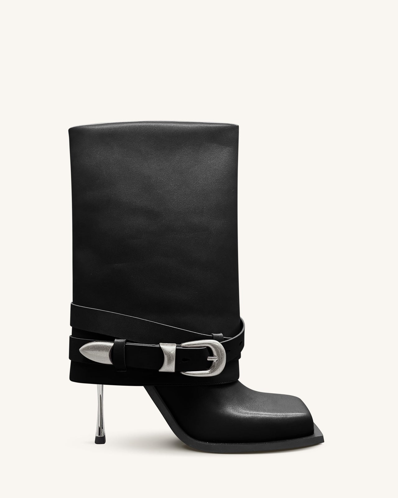 Emilia Western Buckled Leather Stiletto Boots - Black