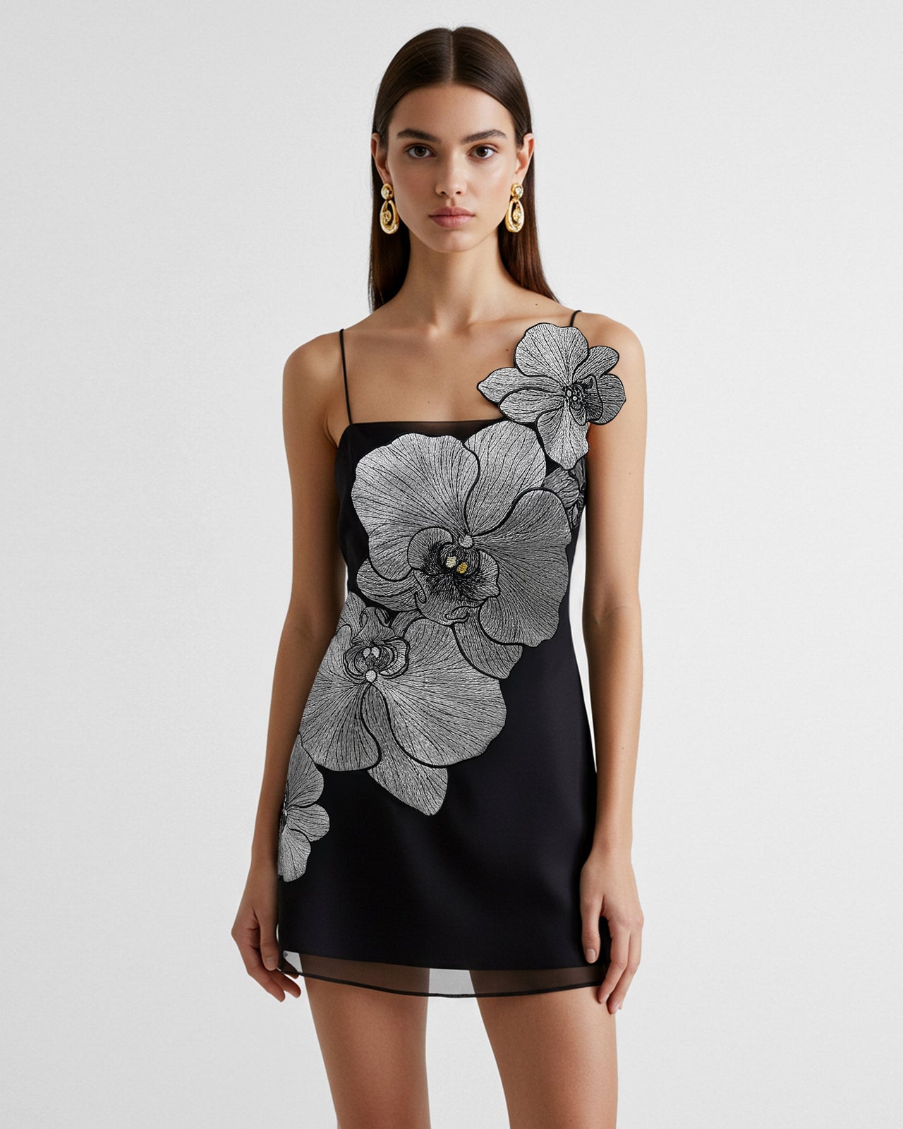 Orchid Appliqué Mini Dress - Black/Silver