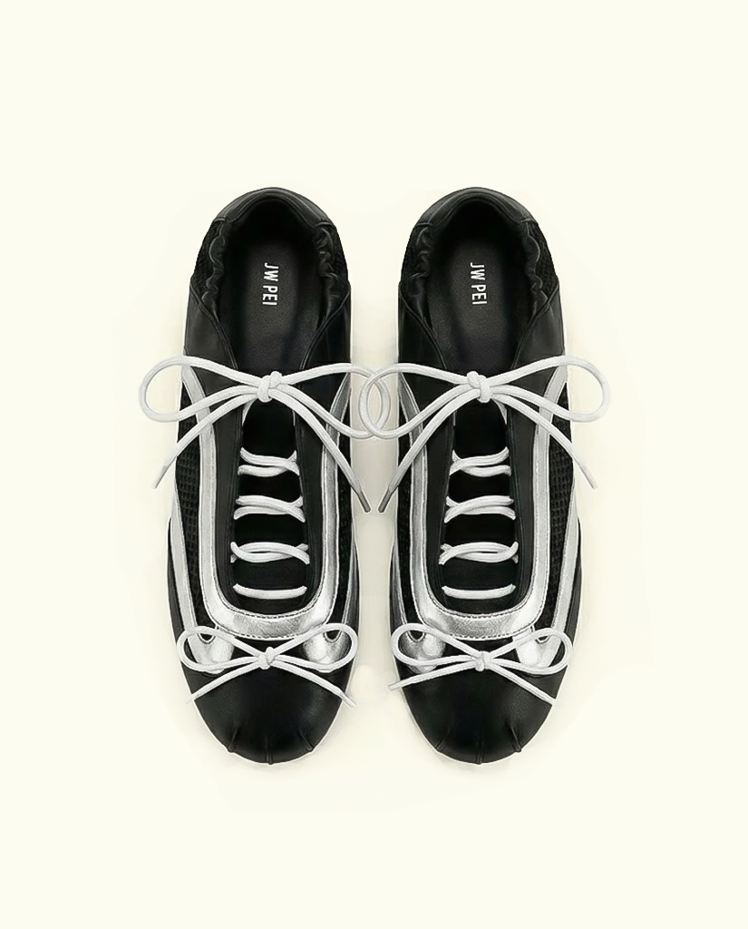 Lena Lace-Up Ballet Sneakers - Metallic Silver & Black
