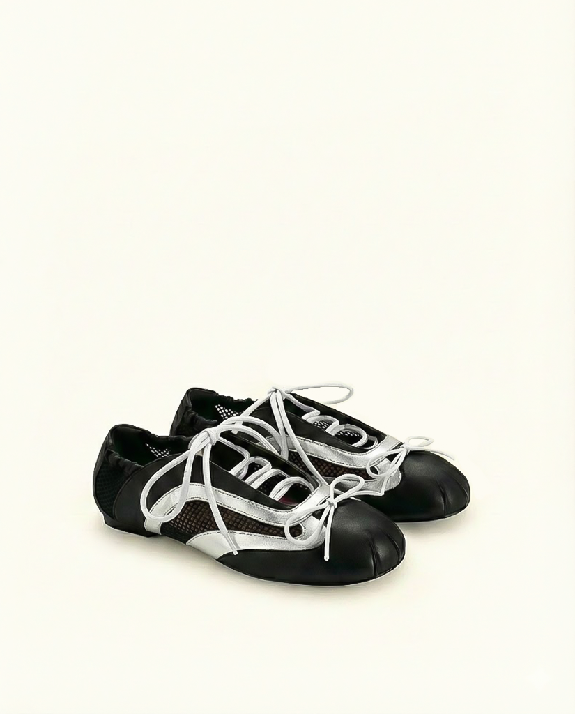 Lena Lace-Up Ballet Sneakers - Metallic Silver & Black