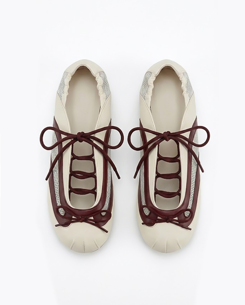 Lena Lace-Up Ballet Sneakers - Ivory & Burgundy