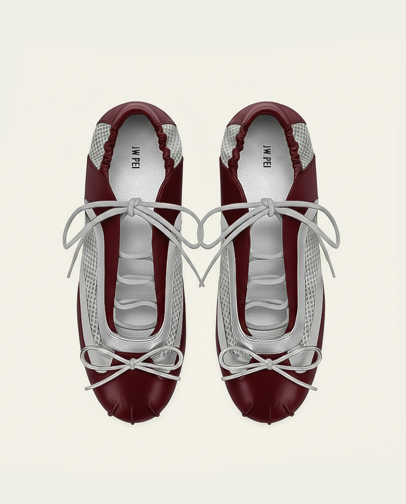 Lena Lace-Up Ballet Sneakers - Metallic Silver & Burgundy