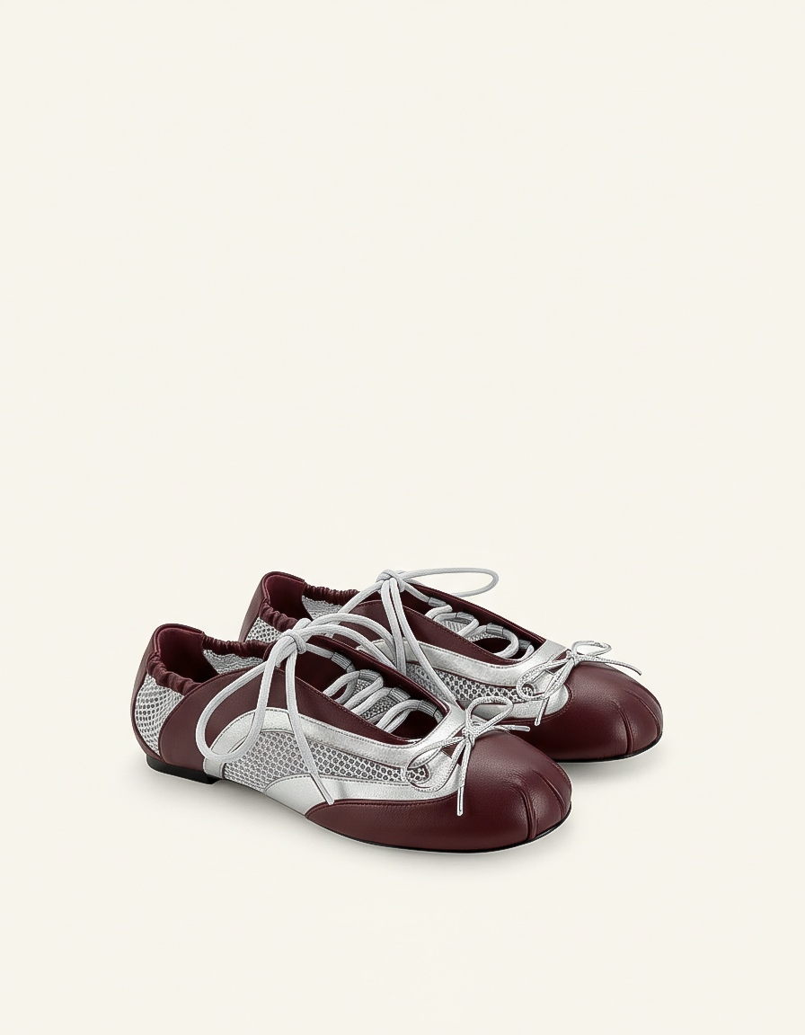 Lena Lace-Up Ballet Sneakers - Metallic Silver & Burgundy