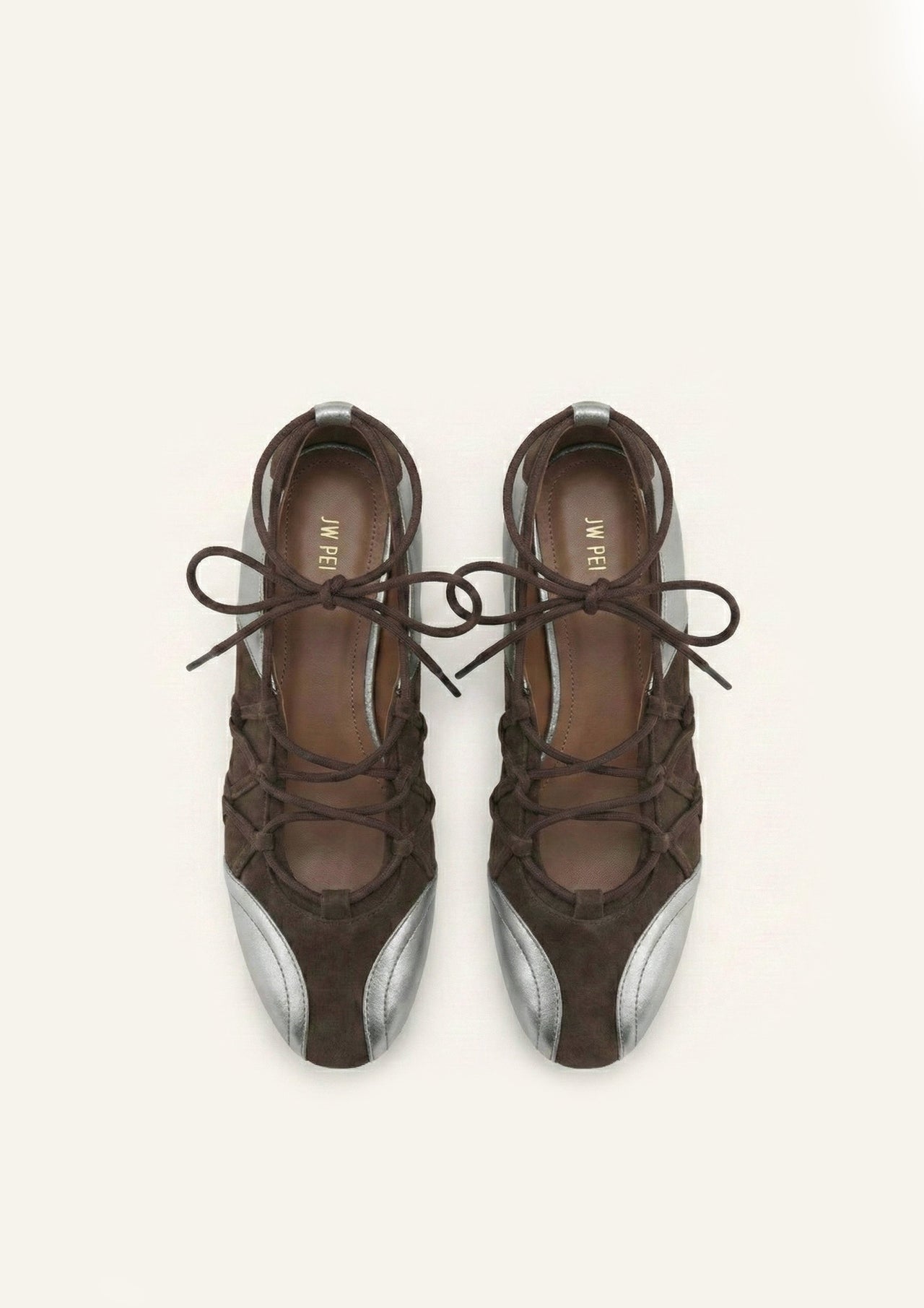 Iria Lace-Up Ballet Flats - Chocolate Brown & Silver