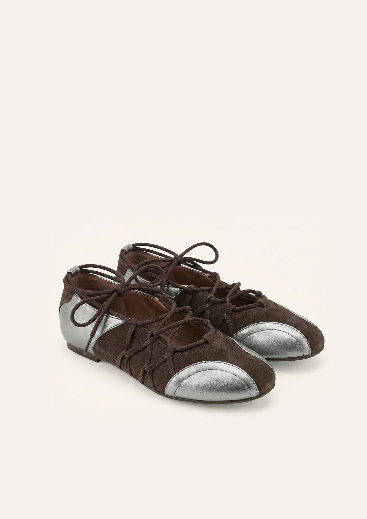 Iria Lace-Up Ballet Flats - Chocolate Brown & Silver