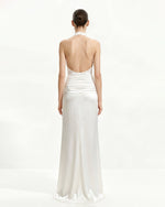 Satin Cowl Neck Ruched Maxi Gown - White