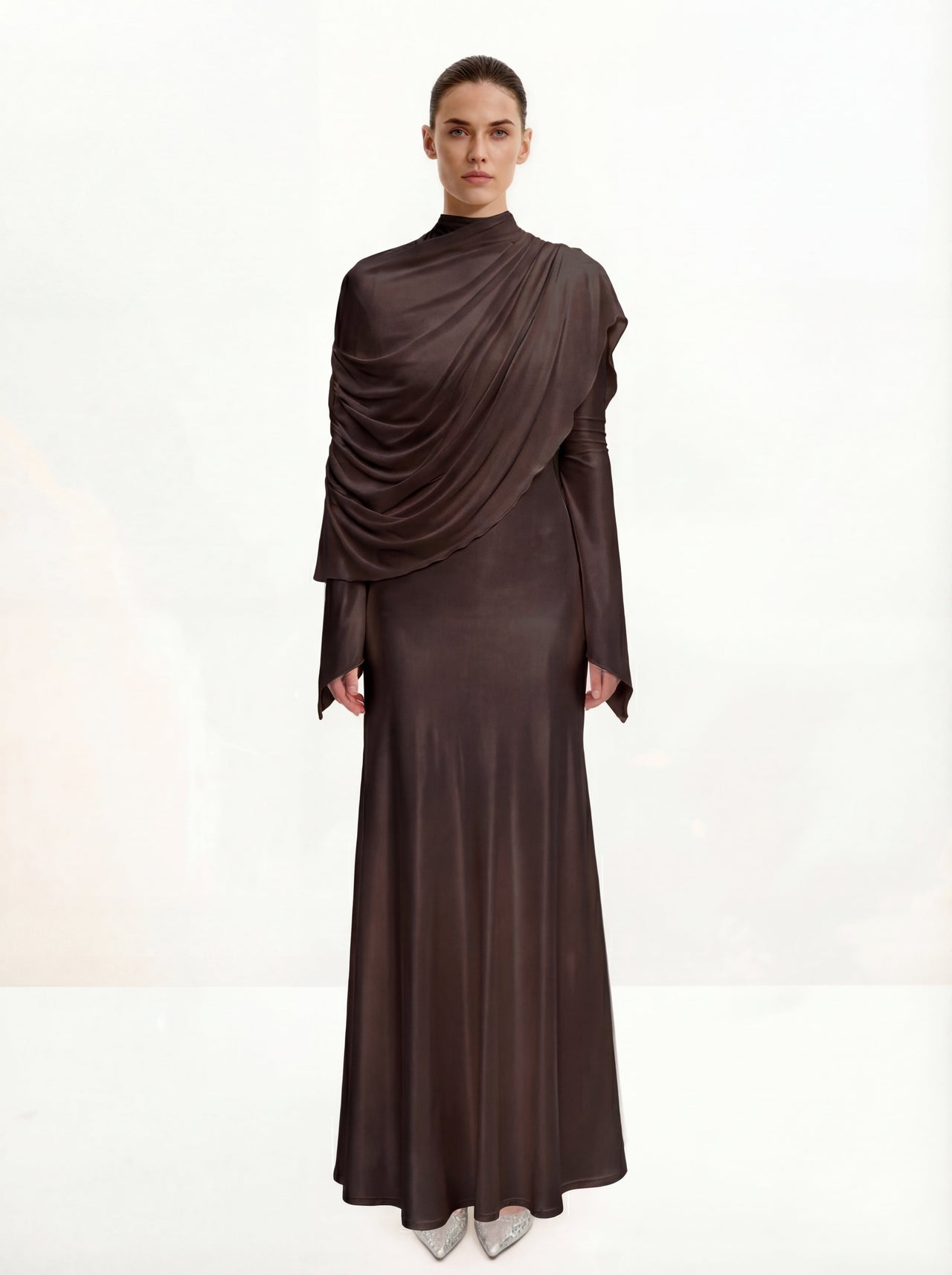 Sheer Shawl Ruched Bodycon Maxi Gown - Brown