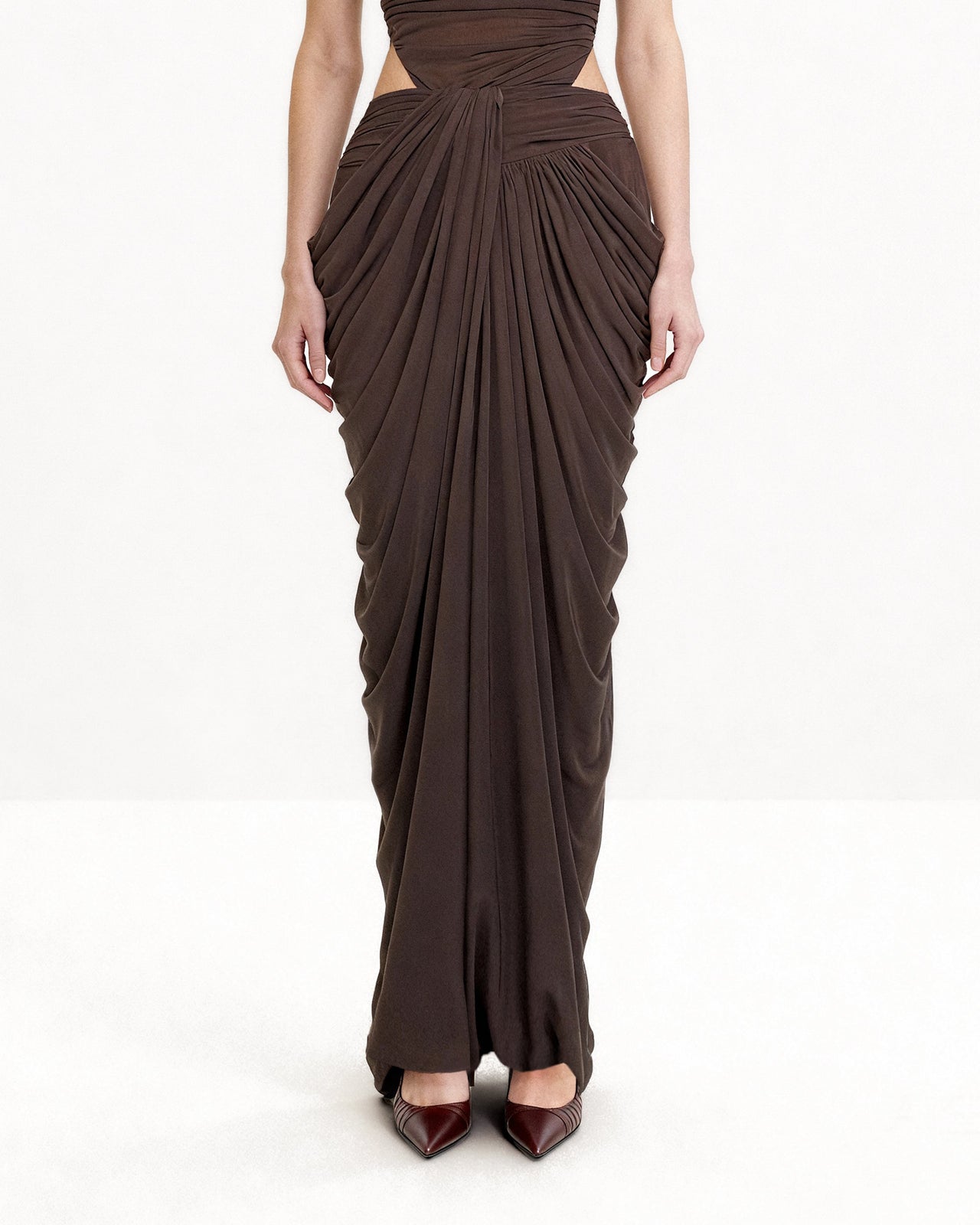 Draped Twist-Front Maxi Skirt - Brown
