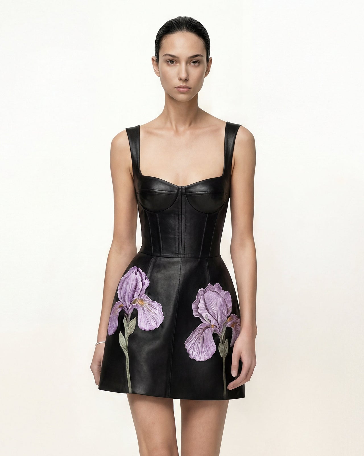 Iris Floral Print Leather Corset Dress - Black