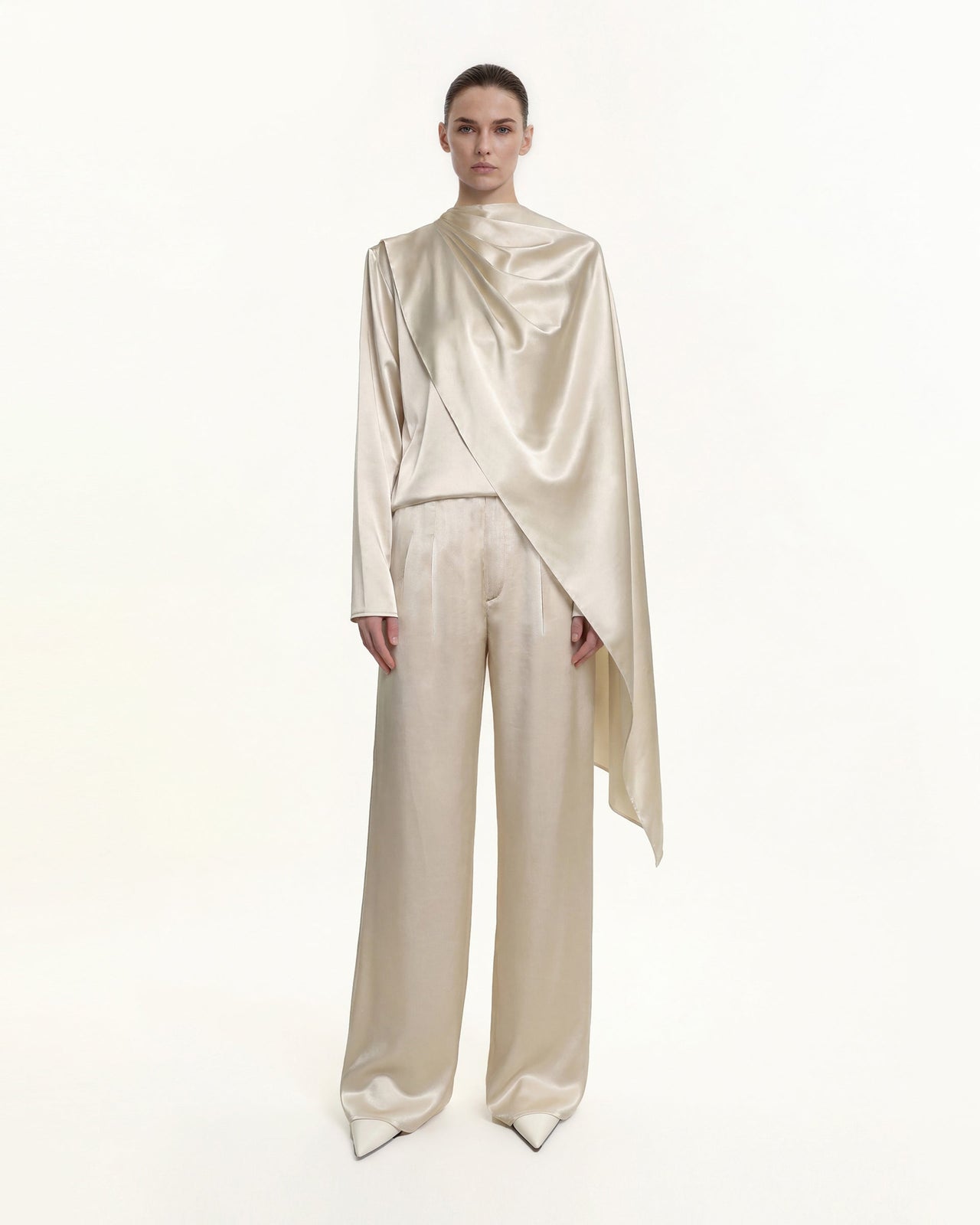 Asymmetric Drape High-Neck Cape Top - Cream
