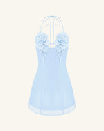 Flower Embroidered Mini Dress - Blue