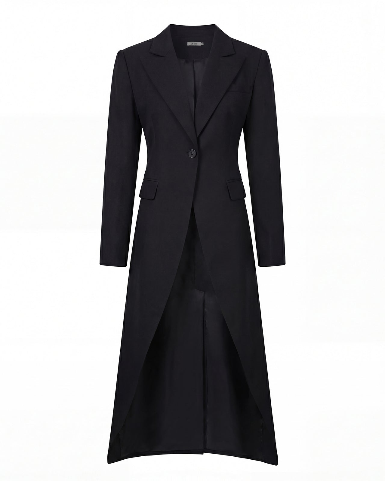 Structured Peak-Lapel Cutaway Maxi Blazer - Black