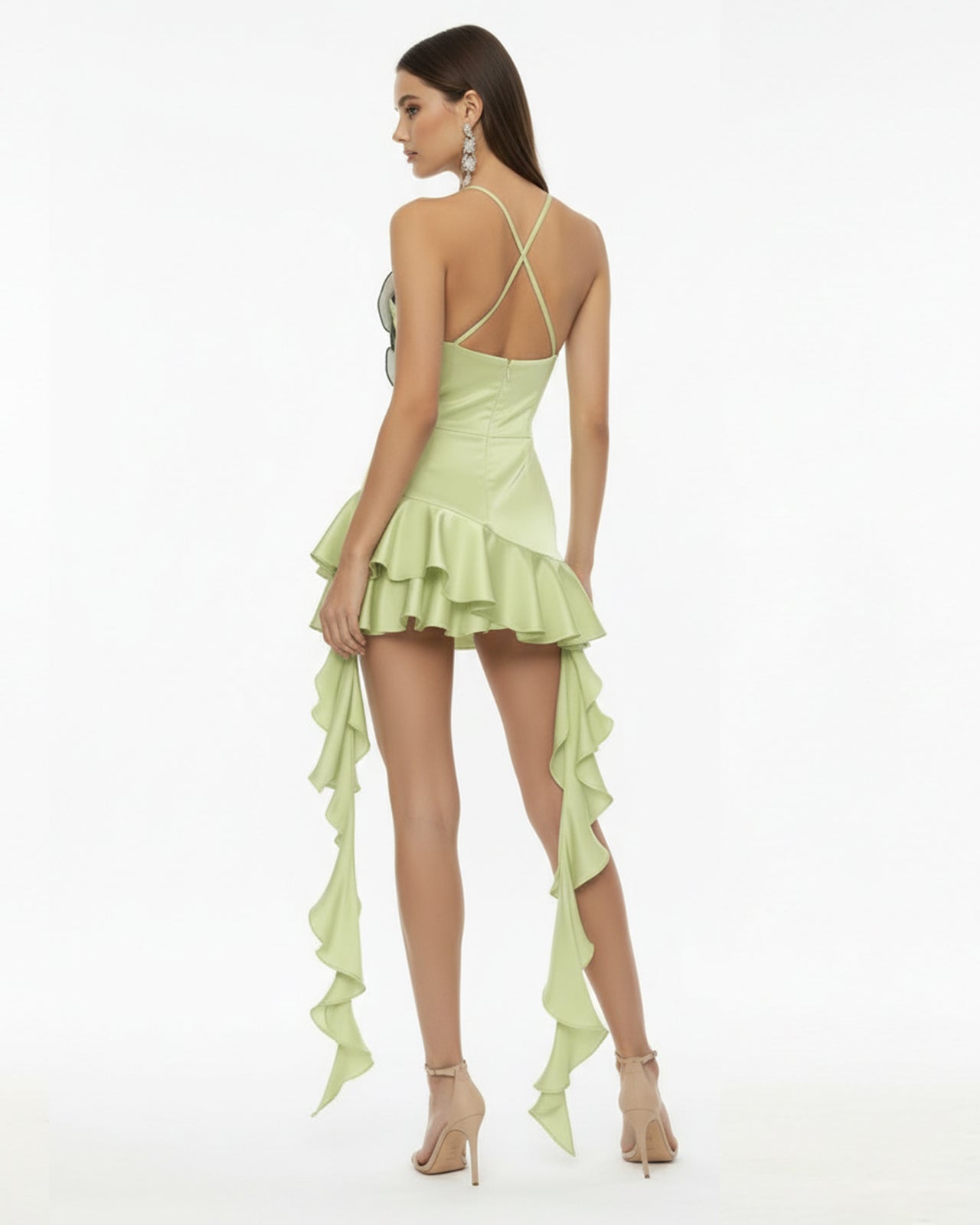 Orchid Embroidered Ruffle Hem Mini Dress - Light Green