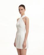Satin Mini Dress with Tulle Cross-Halter - White