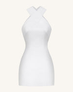Satin Mini Dress with Tulle Cross-Halter - White