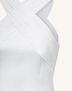 Satin Mini Dress with Tulle Cross-Halter - White