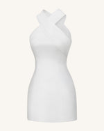 Satin Mini Dress with Tulle Cross-Halter - White