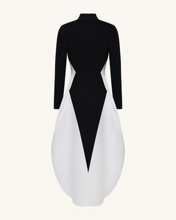 Monochrome Paneled Long-Sleeve Maxi Dress - Black