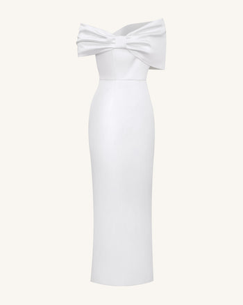 Satin Asymmetric Bow Maxi Dress - White
