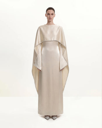 198Pearl-Trimmed Cape Sleeve Boat Neck Maxi Gown - Cream