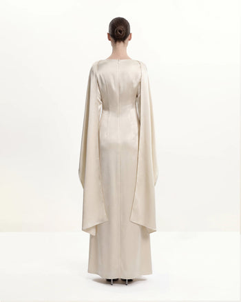 198Pearl-Trimmed Cape Sleeve Boat Neck Maxi Gown - Cream