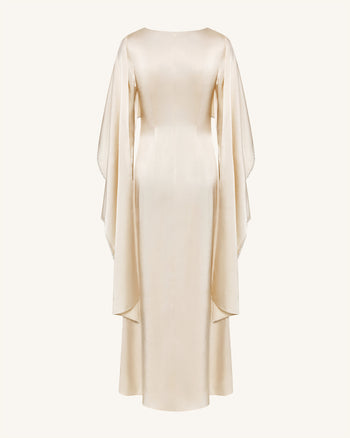 198Pearl-Trimmed Cape Sleeve Boat Neck Maxi Gown - Cream