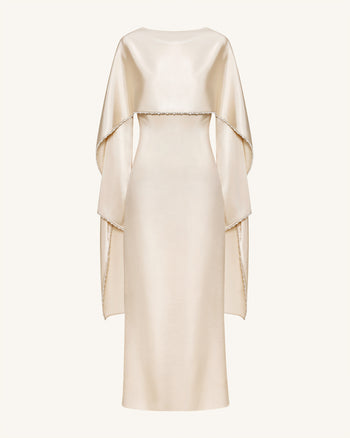198Pearl-Trimmed Cape Sleeve Boat Neck Maxi Gown - Cream