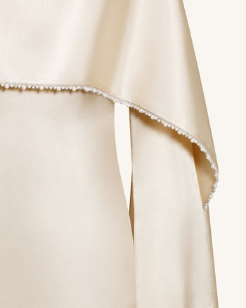 198Pearl-Trimmed Cape Sleeve Boat Neck Maxi Gown - Cream