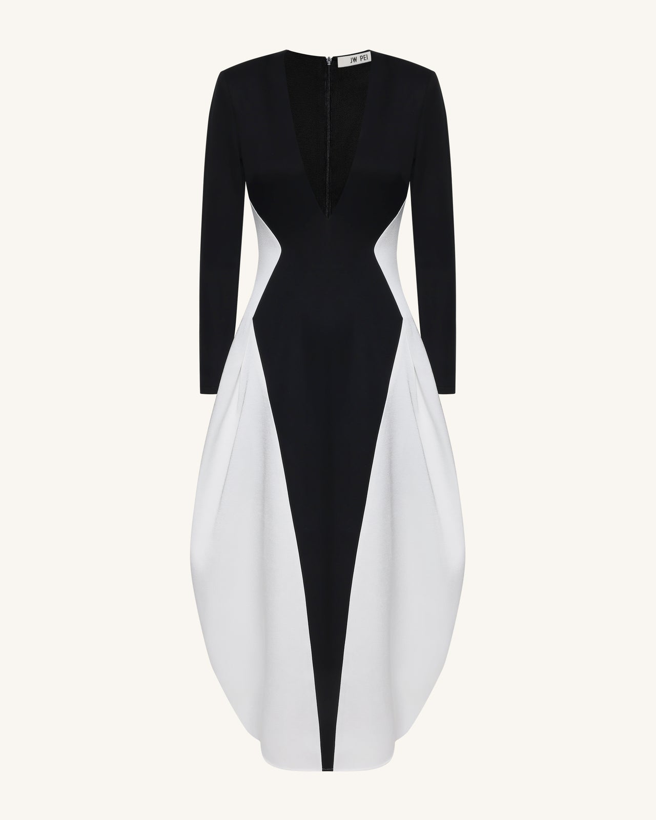 Monochrome Paneled Plunging V-Neck Long-Sleeve Maxi Dress - Black