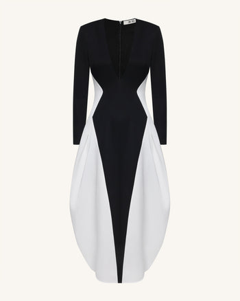 Monochrome Paneled Plunging V-Neck Long-Sleeve Maxi Dress - Black