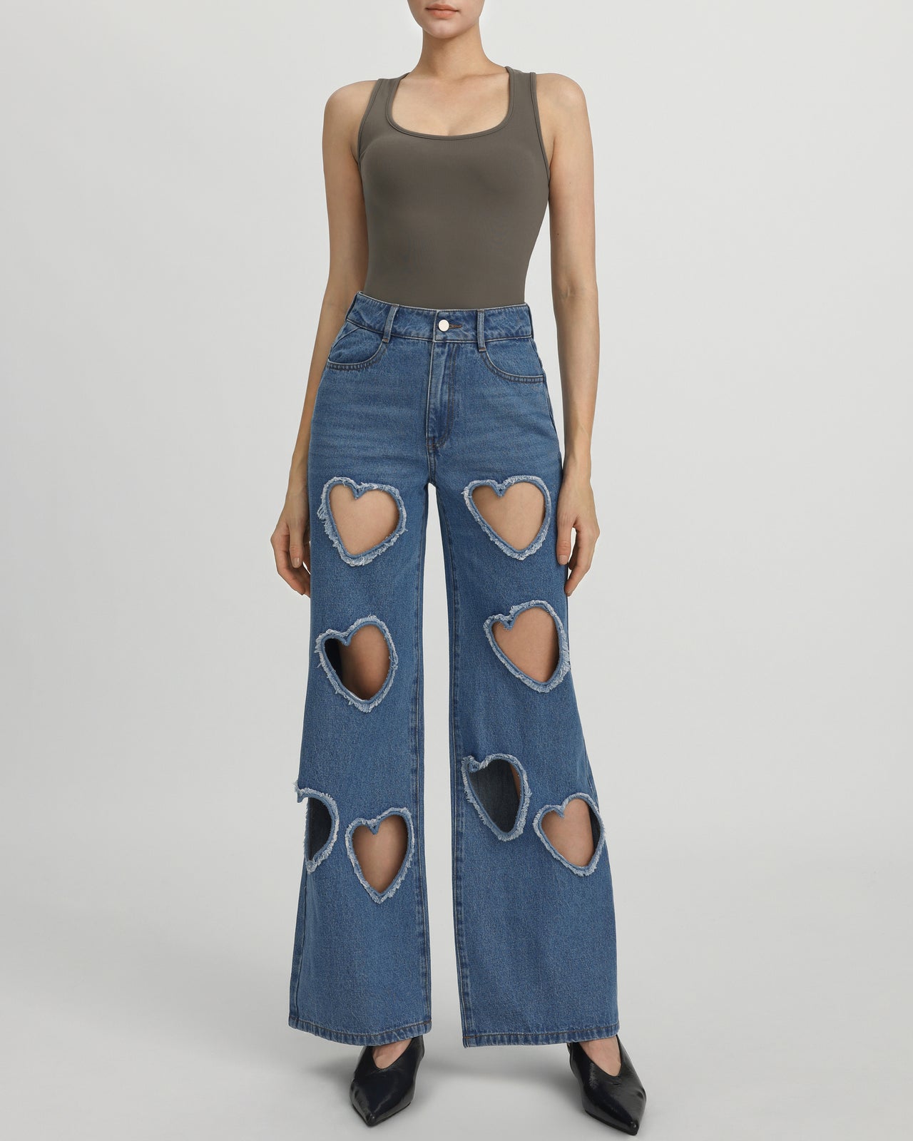 Sophia Embellished Heart Cut-Out Denim Jeans - Medium Blue