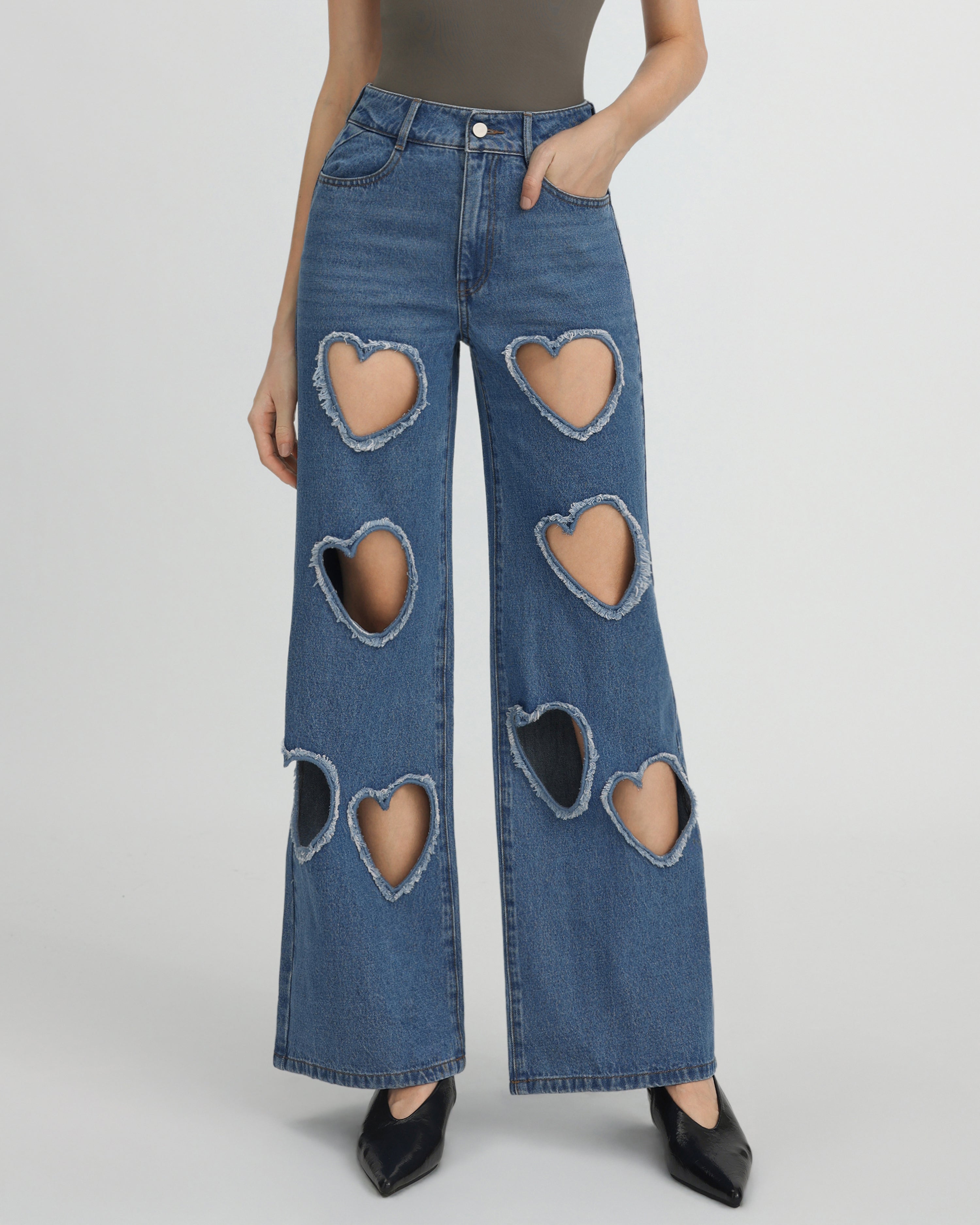 Sophia Embellished Heart Cut-Out Denim Jeans - Medium Blue – JW PEI UK