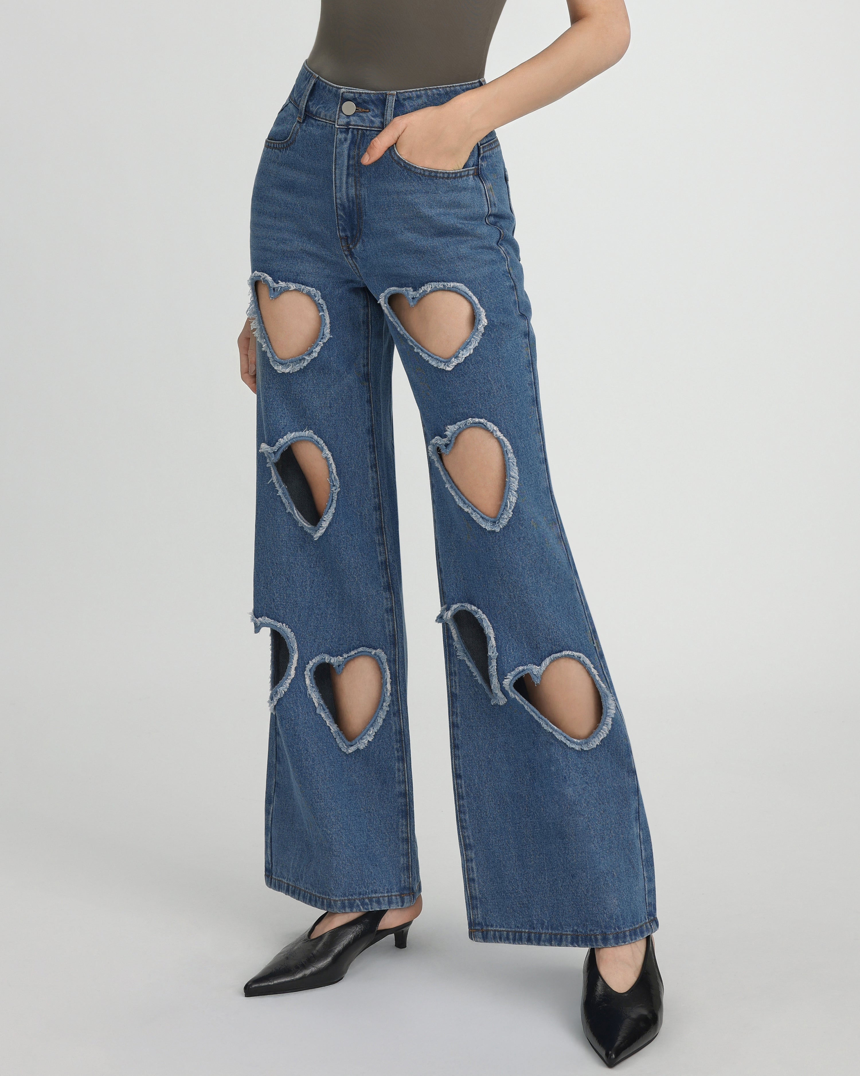 Sophia Embellished Heart Cut-Out Denim Jeans - Medium Blue – JW PEI UK