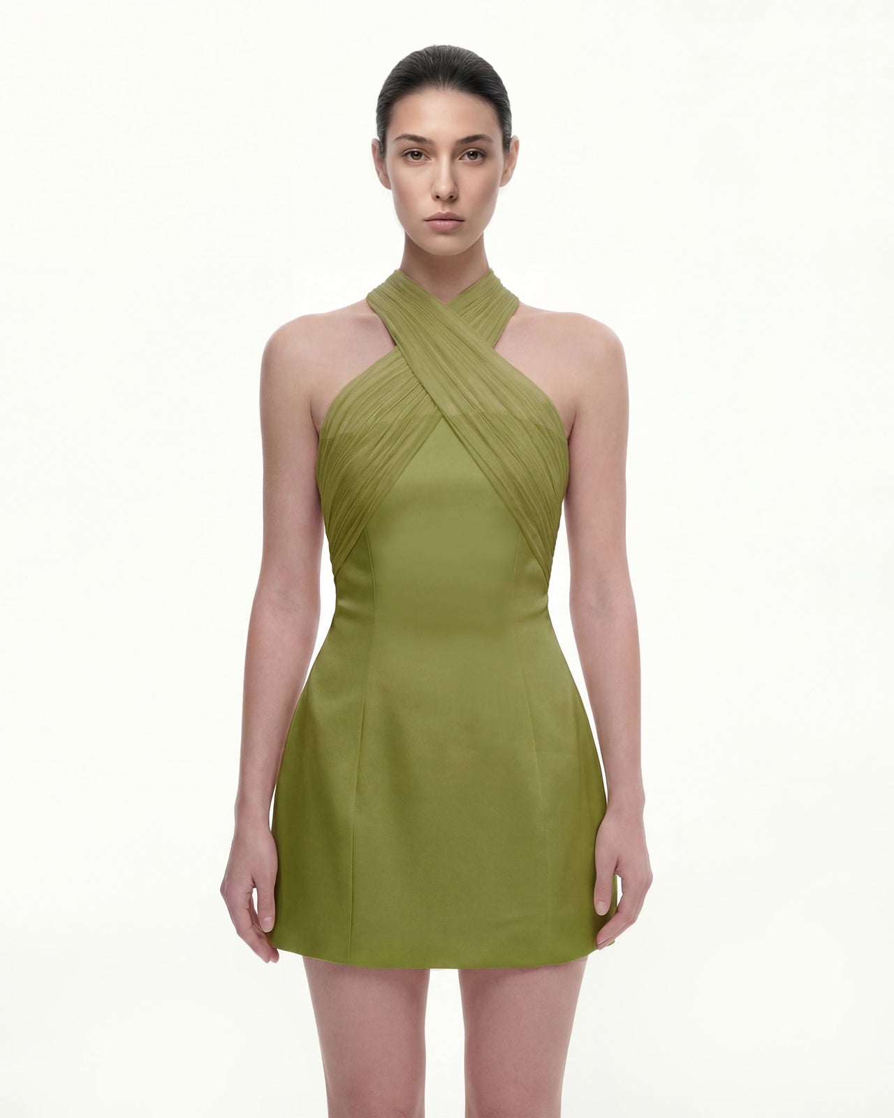 Satin Mini Dress with Tulle Cross-Halter - Olive Green