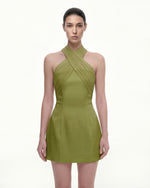 Satin Mini Dress with Tulle Cross-Halter - Olive Green