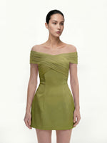 Satin Mini Dress with Tulle Cross-Halter - Olive Green
