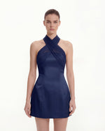Satin Mini Dress with Tulle Cross-Halter - Navy blue