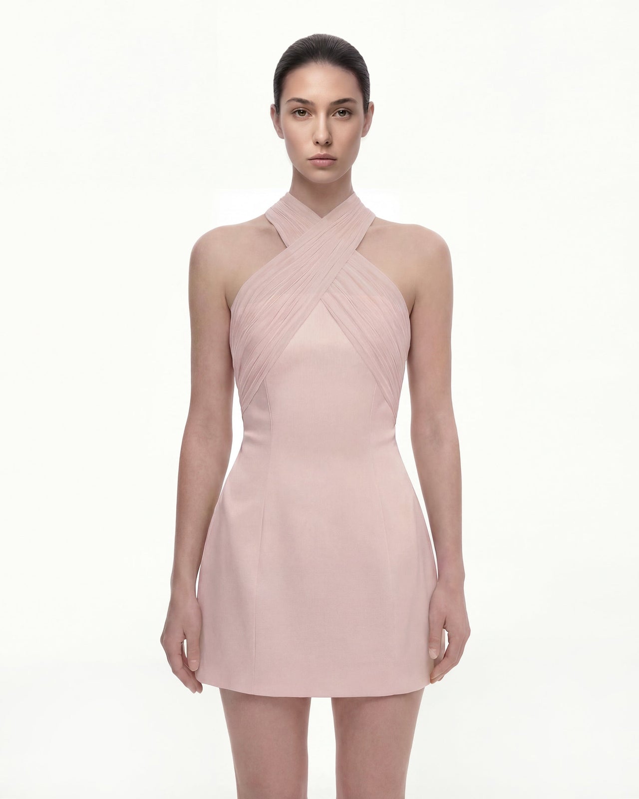 Satin Mini Dress with Tulle Cross-Halter - Pink