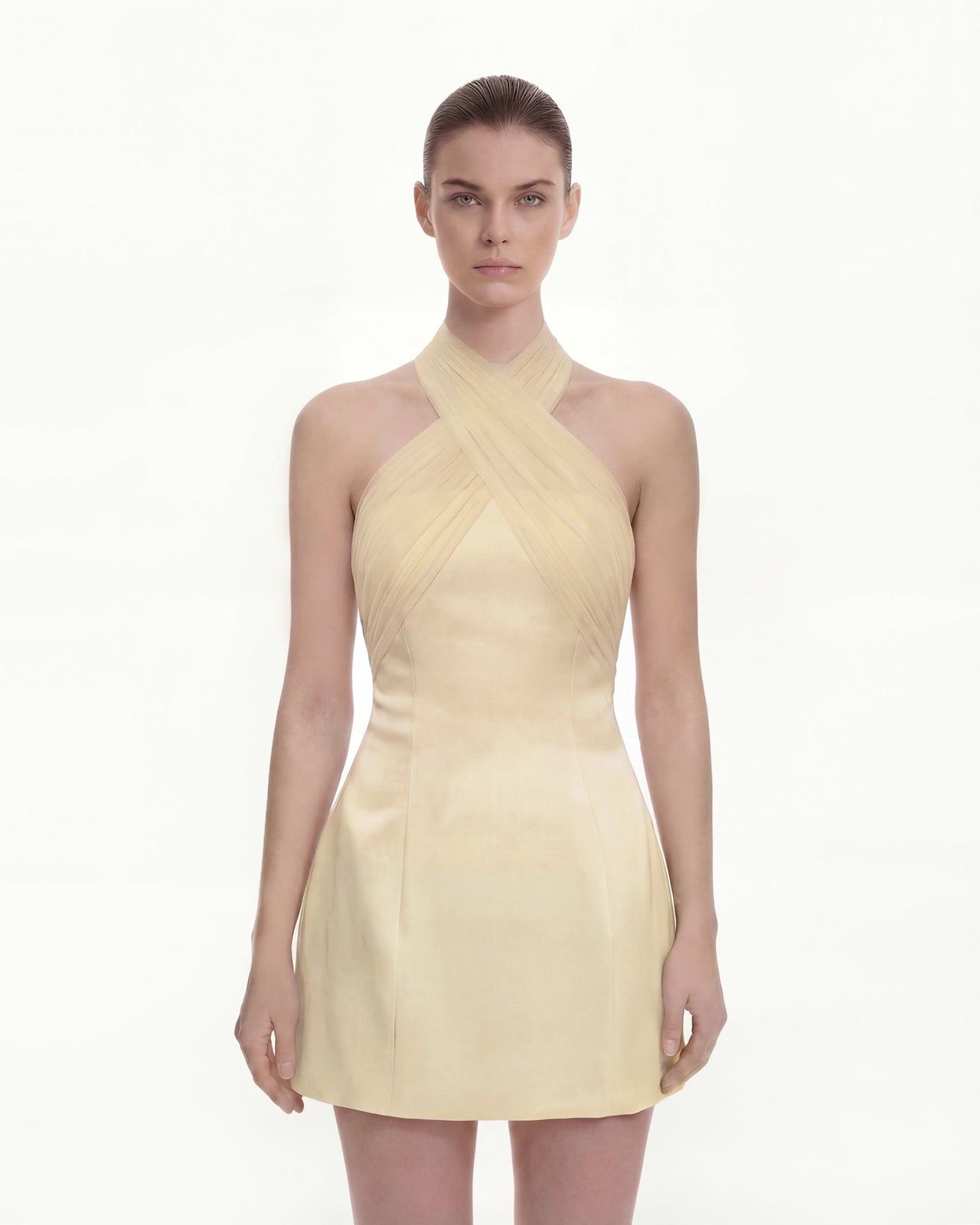 Satin Mini Dress with Tulle Cross-Halter - Yellow