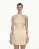 Satin Mini Dress with Tulle Cross-Halter - Yellow