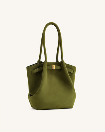 Hana Column Faux Suede Tote Bag - Olive Green
