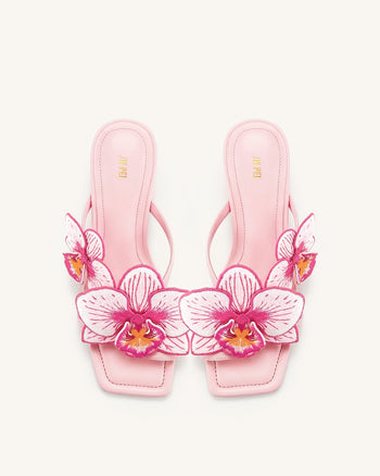 Serena Orchid Embroidered Toe Ring Heeled Sandals - Baby Pink
