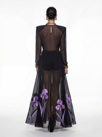 Iris Floral Print Long-Sleeve Sheer Gown - Black/Purple