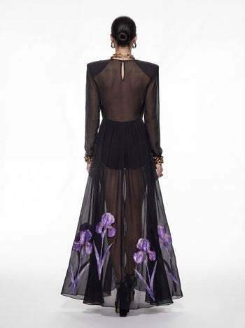 Iris Floral Print Long-Sleeve Sheer Gown - Black/Purple