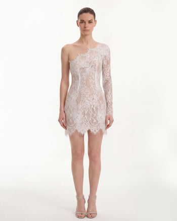 One Shoulder Lace Mini Dress - White