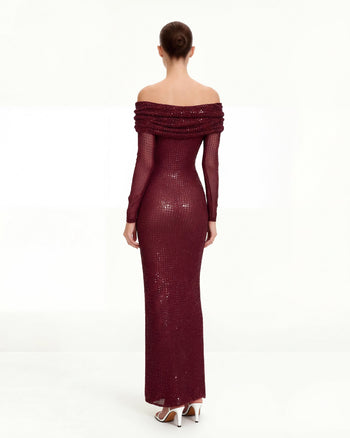 Rhinestone Mesh Off-Shoulder Maxi Dress - Claret 14