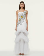 Orchid Embroidered Ruffled Tulle Strapless Maxi Dress - White